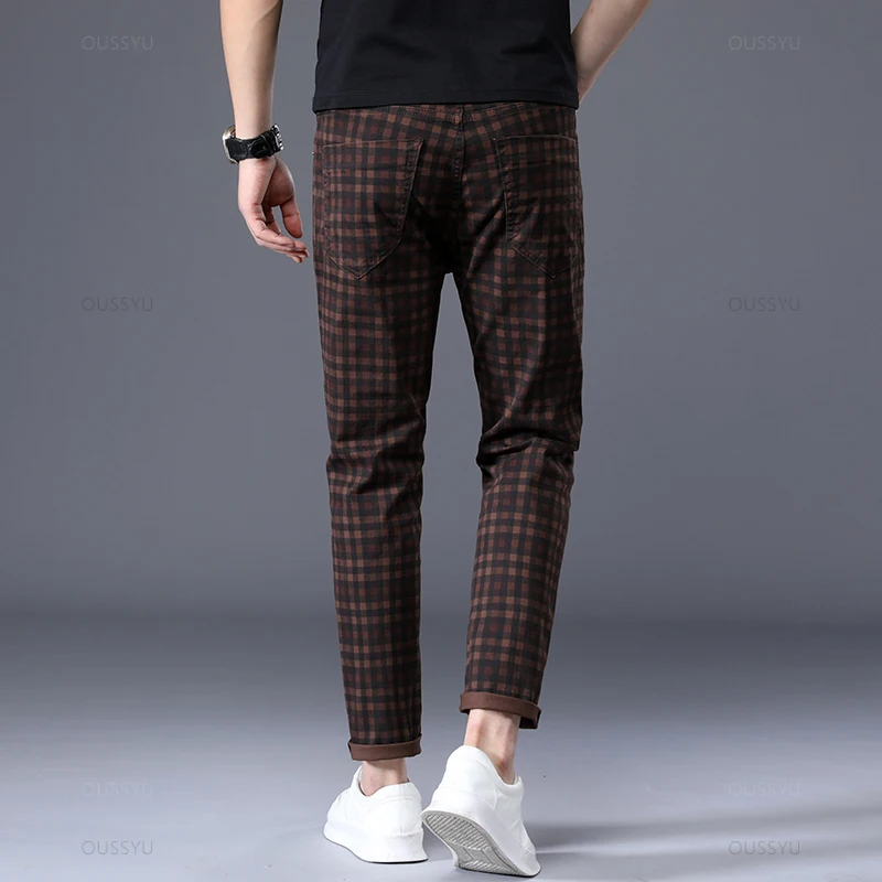 Lente Zomer Merk Kleding Geruit Enkel Lengte Broek Mannen 98% Katoen Klassiekers Retro Business Banket Party Casual Broek Man