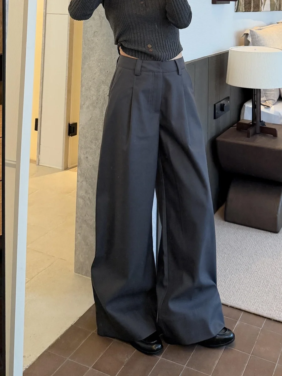 High Waist Wide Leg Suit Pants for Women Summer Loose Straight Casual Trousers Deep Grey Folded Hemline Comfortable Ladies Jeans