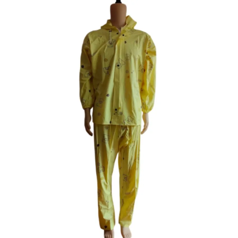 ﻿PVC Cartoon Pattern Plastic Hooded Long Sleeved Dress Waterproof Soft Smooth Adult Raincoat Dustproof Top Pants Set For Unisex