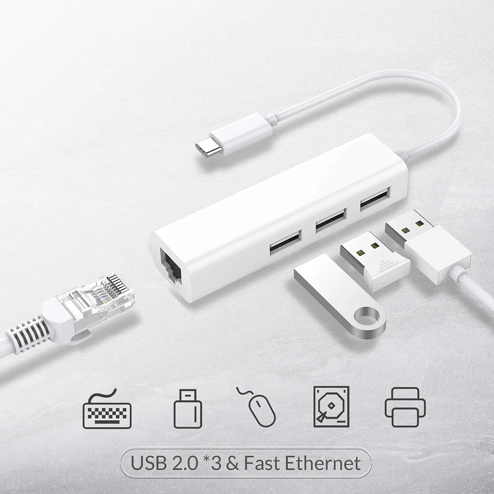 

Type-C To 3 USB 2.0 Ports Splitter Hub with RJ45 LAN 100Mbps Ethernet Adapter Wired Network Card for PC Laptop Peripherals