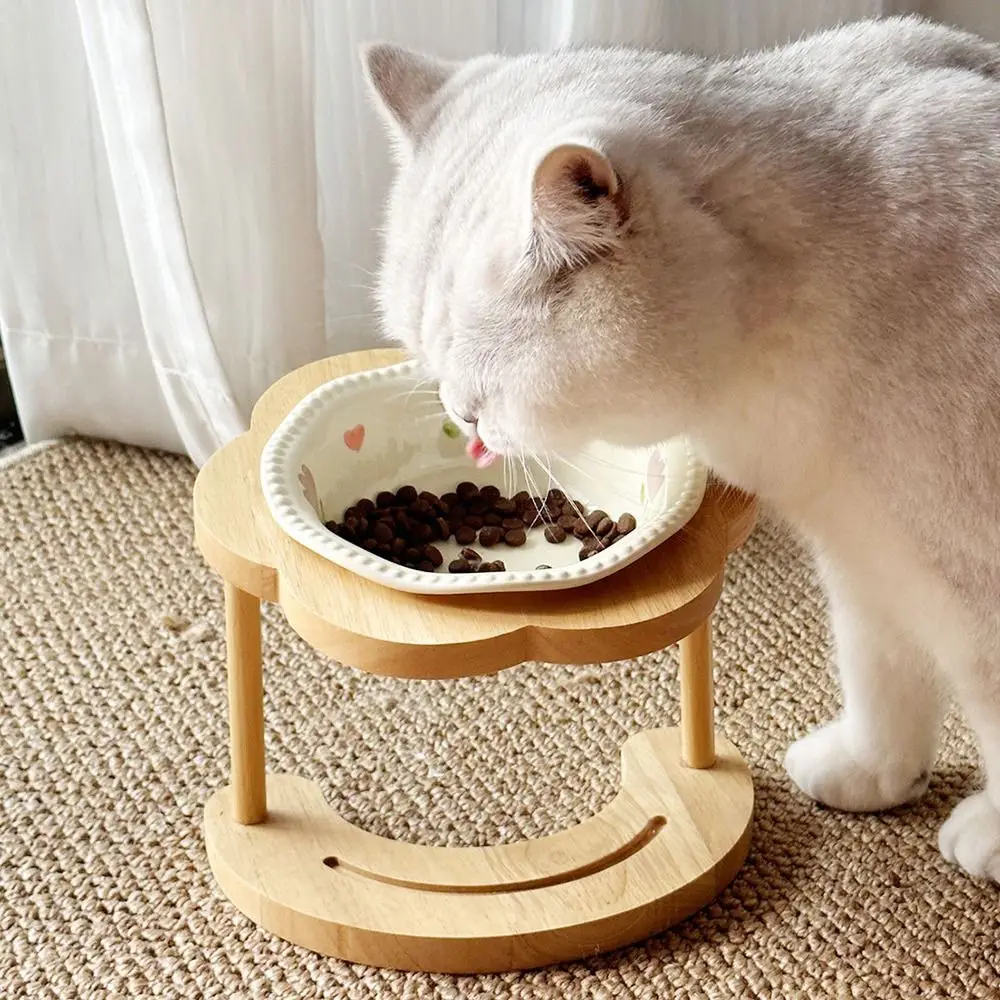 

Anti Vomiting Ceramic Cat Bowl Anti Slip 15 Degree Inclined Cat Feeding Station with Wooden Stand Stable Elevated Cat Water Bowl