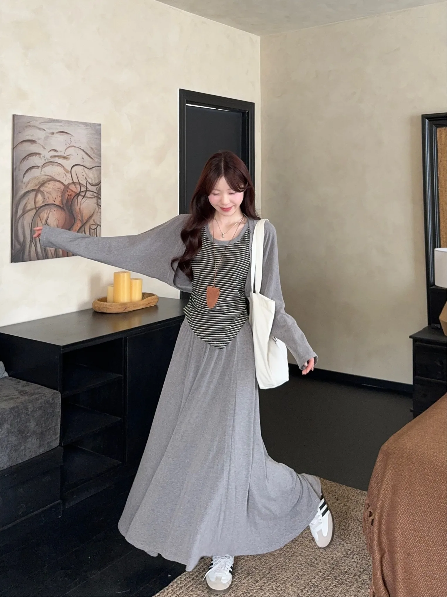 

plus Size Lazy Style Women's Set High Waist Draped Skirt Striped Asymmetrical Top Cardigan Outerwear Fashionable Three-Piece Set