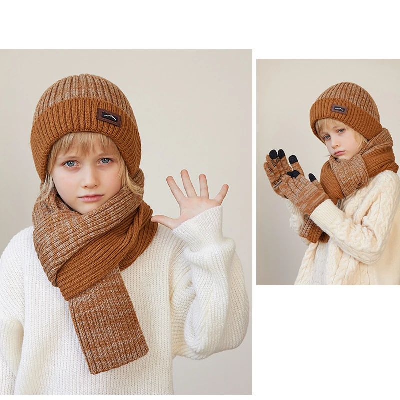 Kids Winter Keep Warm Beanie Hat Scarf Telefingers Gloves Set 2 Pieces/ 3 pcs Boys Girls Fleece Lining Woolen Yarn Cap Children