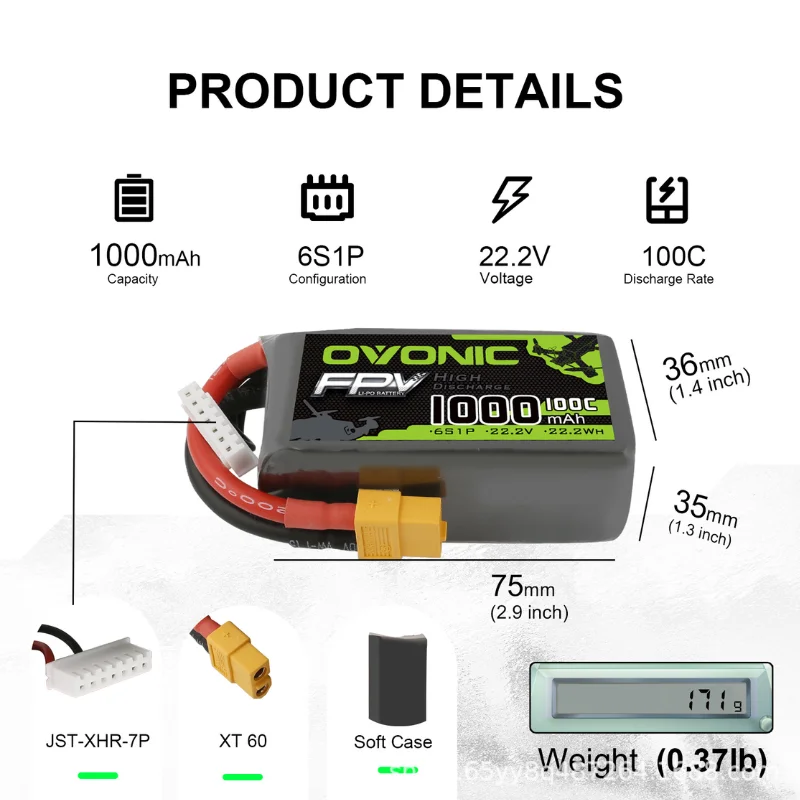 2Pcs OVONIC 1000mAh 100C 22.2V LiPo Battery For RC Helicopter Quadcopter FPV Racing Drone Parts 6S Rechargeable Battery