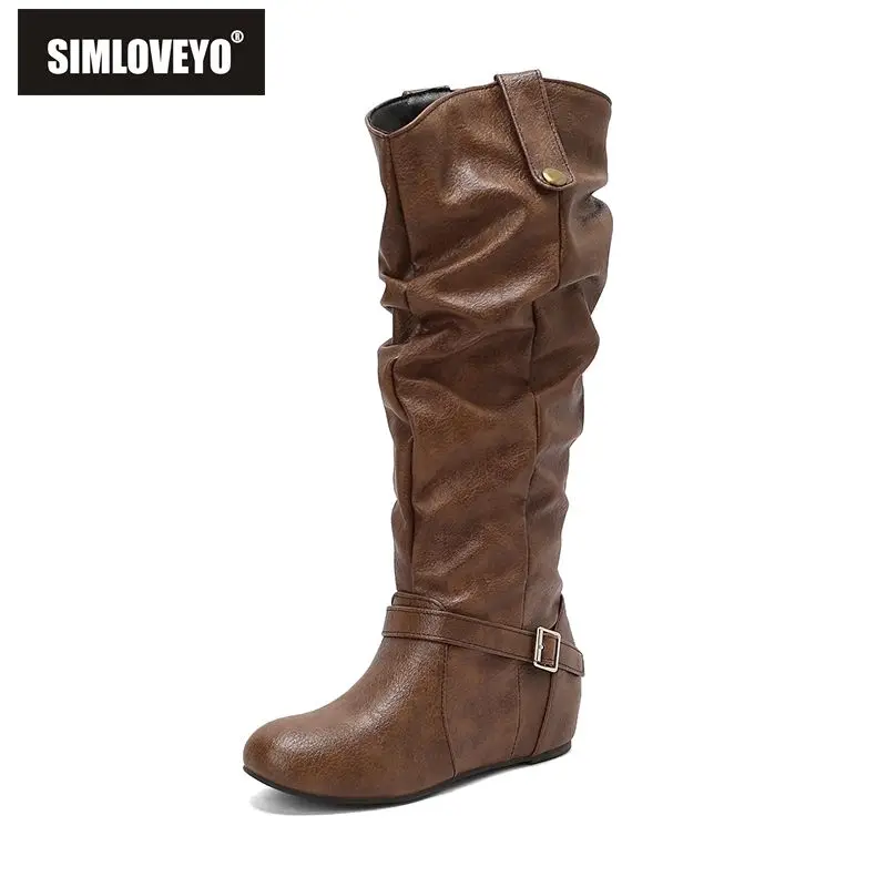 

SIMLOVEYO 2025 OldStyle Повседневные женские сапоги до колена с круглым носком, подъемный каблук, 4 см, пряжка на молнии, большие размеры 46 48 49 50 Ежедневные ботинки