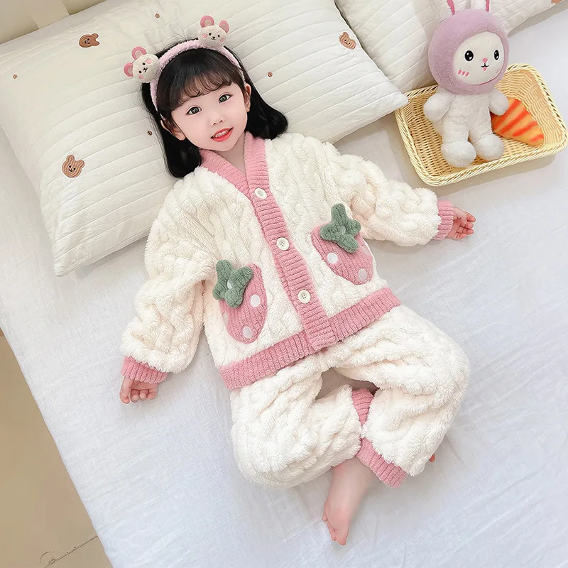 Girls Suits Pajama Flannel Autumn Winter Children Ocean Coral Velvet and Velvet Girl Baby Cardigan Home Suit Two-piece Set