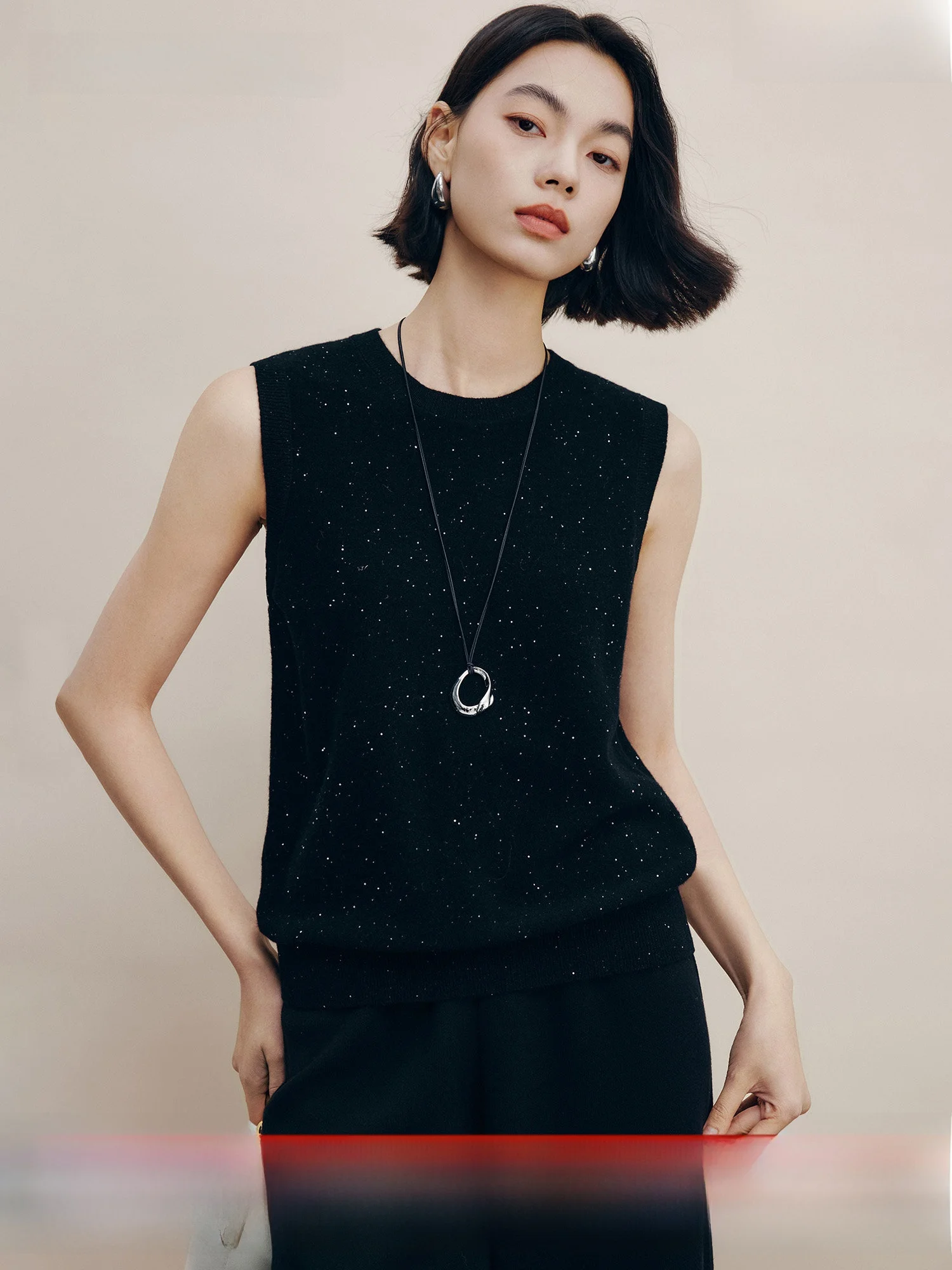 

Tianxing Manxuan Wool Knitted Vest round Ne Svel Sequin Women's Casual Sle Soft Woolen Top New Winter Faion