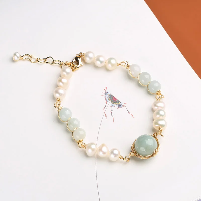 

Натуральный пресноводный жемчуг ручной работы, проволочная обертка, нефрит класса А, 14-каратное золото, простой элегантный браслет, подарок для лучшего друга