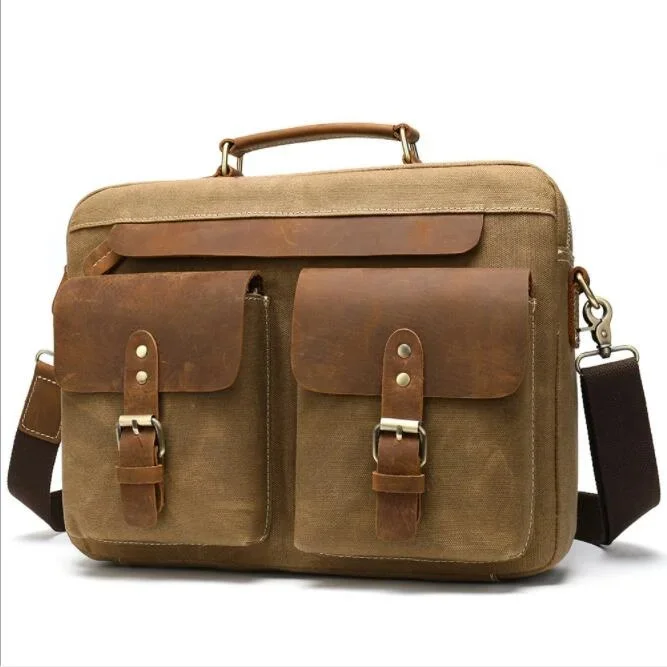 Canvas Men Bag 14 Inch Laptop Notebook Portfolio Leather School Women Working Daily Shoulder