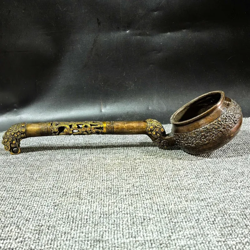 Antique bronze spoon with gilded dragon head and carved patterns, long handle, antique finish, handcrafted
