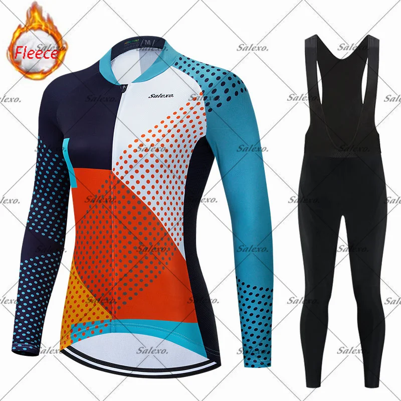 

New Women Cycling Jersey Set Pro Team Uniform Cycle Road Bike Winter Thermal Fleece Clothing Sportswear Mtb Long Sleeves Clothes
