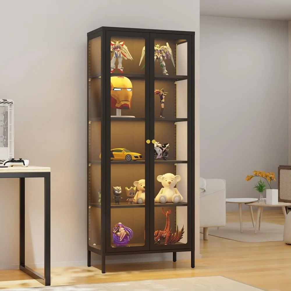 خزانة عرض بأبواب زجاجية، خزانة تحف 5 طبقات مع أرفف قابلة للتعديل، 21 حافظة عرض أضواء ملونة يمكنك صنعها بنفسك للتجميع