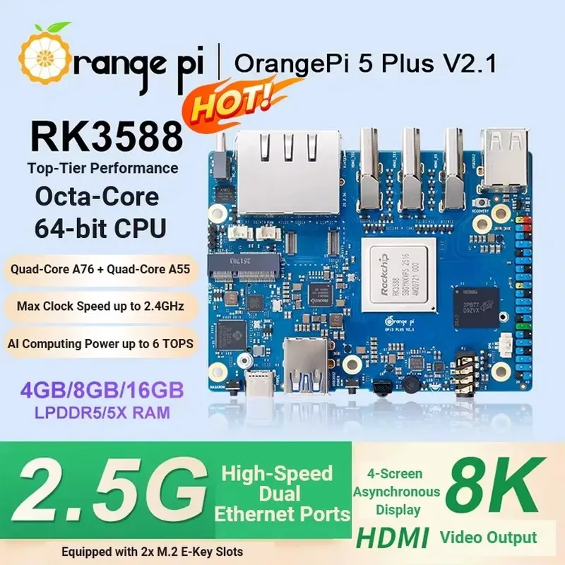 Hot Sale Orange Pi5 Plus Development Board with RK3588 Chip Eight-Core CPU 8K Video Decoding Offers Optional Memory