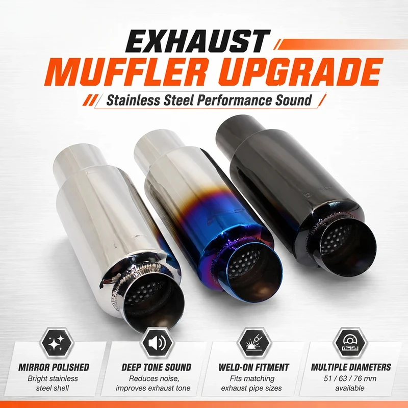 High Quality Stainless Steel Exhaust Resonator Muffler Tip, Universal Car Parts Inlet 51/63/76mm