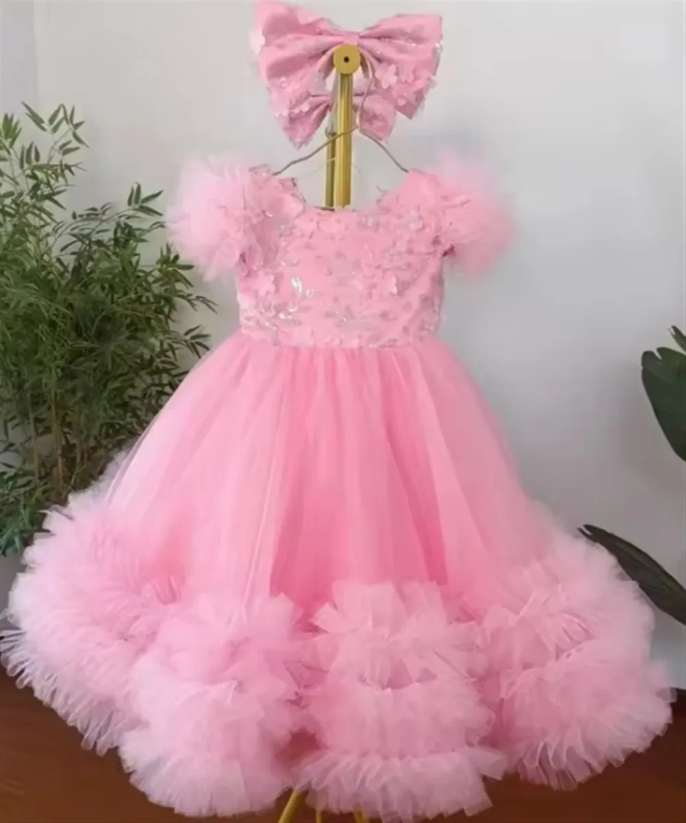 Vestido de niña de flores personalizado de lujo para boda, apliques amarillos con lazo, manga corta, vestido de comunión para graduación de cumpleaños