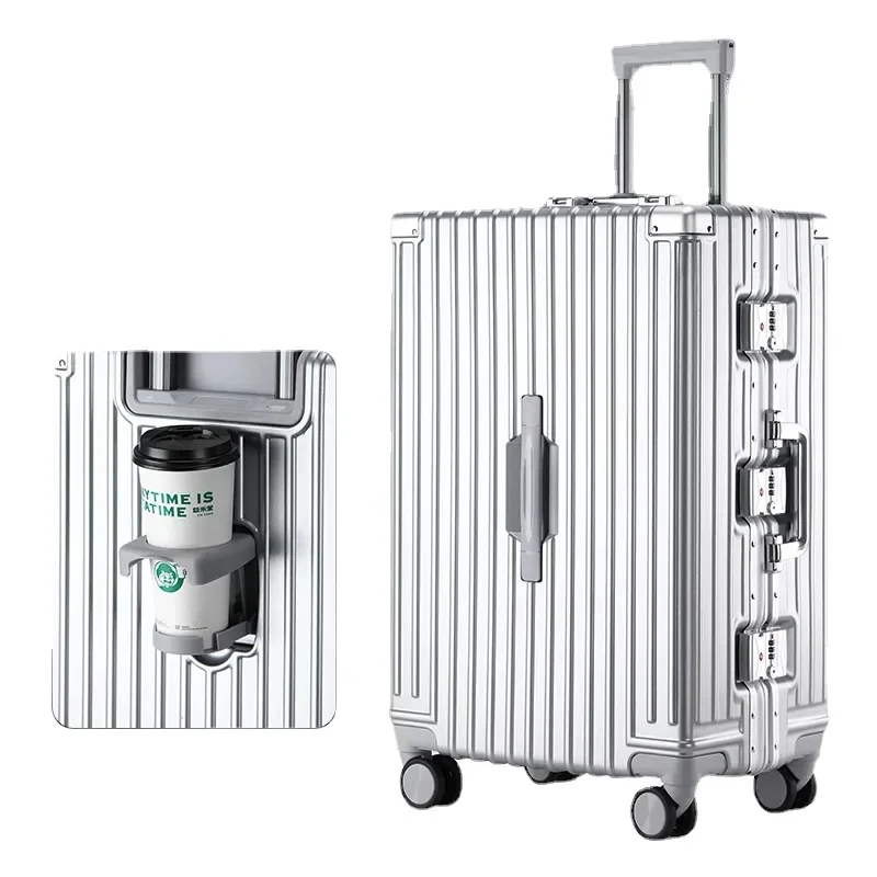 Maleta de viaje con marco de aluminio, equipaje de moda con ruedas silenciosas, contraseña, estuche rodante USB de negocios, cabina de transporte