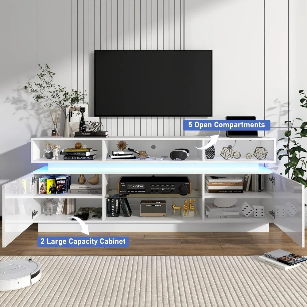 مركز ترفيه معاصر طويل القامة لأجهزة تلفزيون LED مقاس 75 بوصة، وحدة تحكم وسائط حديثة عالية اللمعان مع منافذ طاقة، وحامل تلفزيون للألعاب #5