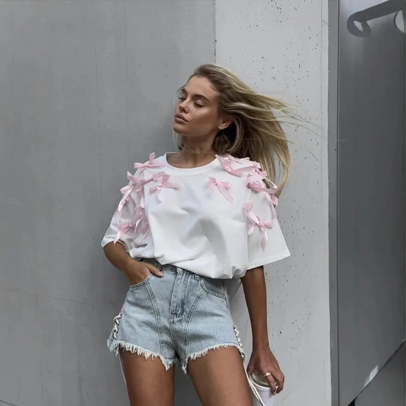 

Women's Cute Teenage Ribbons Bows Loose Short Sleeve Tops T-shirts Ins Style Loose Cotton Casual Y2k Skinny Niche Comfortable