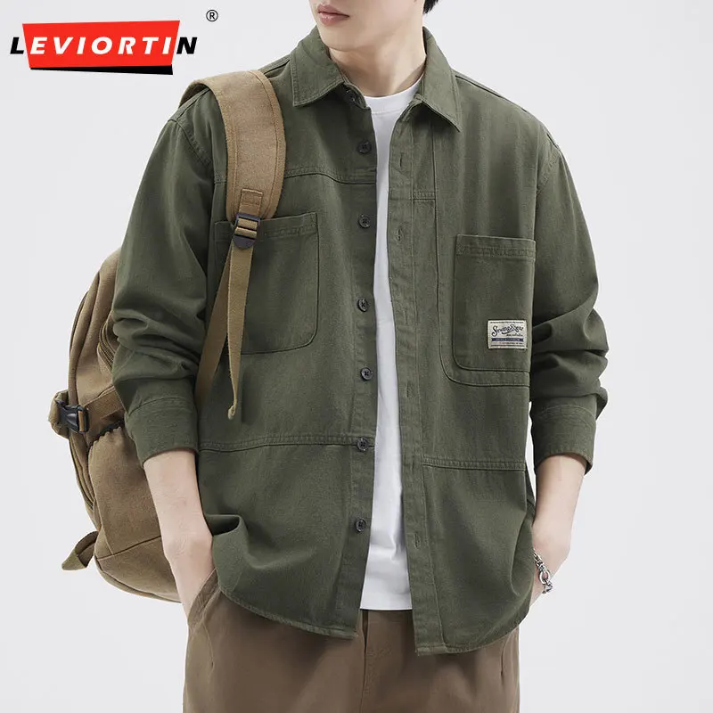Spring and Autumn New Japanese Retro Men's Fashion Versatile Loose Casual Simple Solid Color Long Sleeve Work Clothes Shirt