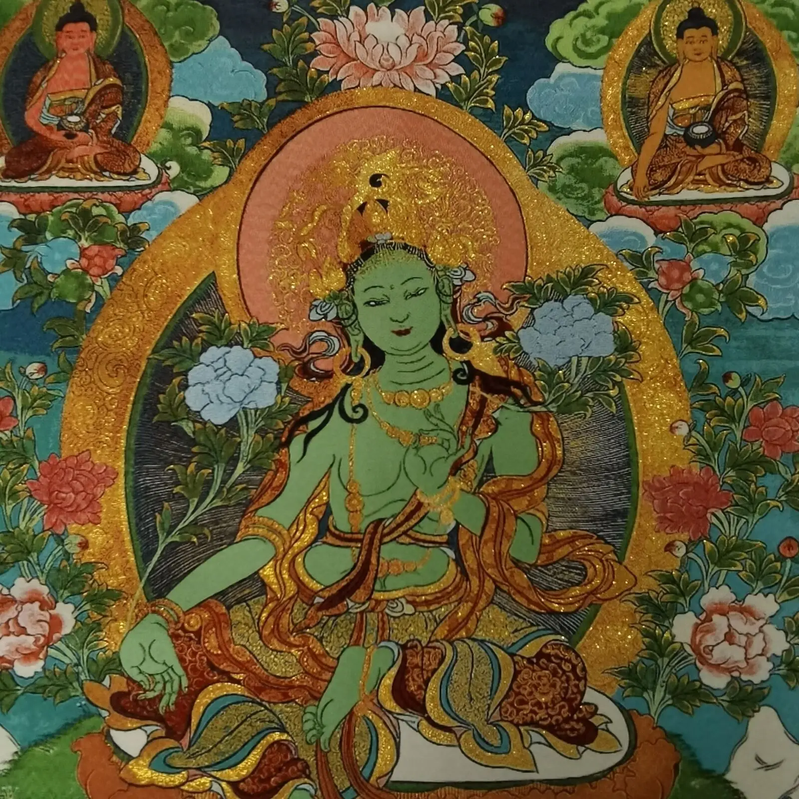 36" Tibet Cloth Silk Buddhism Green Tara Guanyin Tangka Fine Mural Home Buddhist Hall Wall Decoration