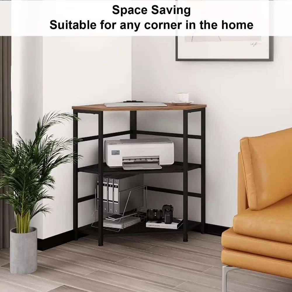 Corner table with power socket charging plug USB port adjustable storage shelf computer tower CPU stand home office