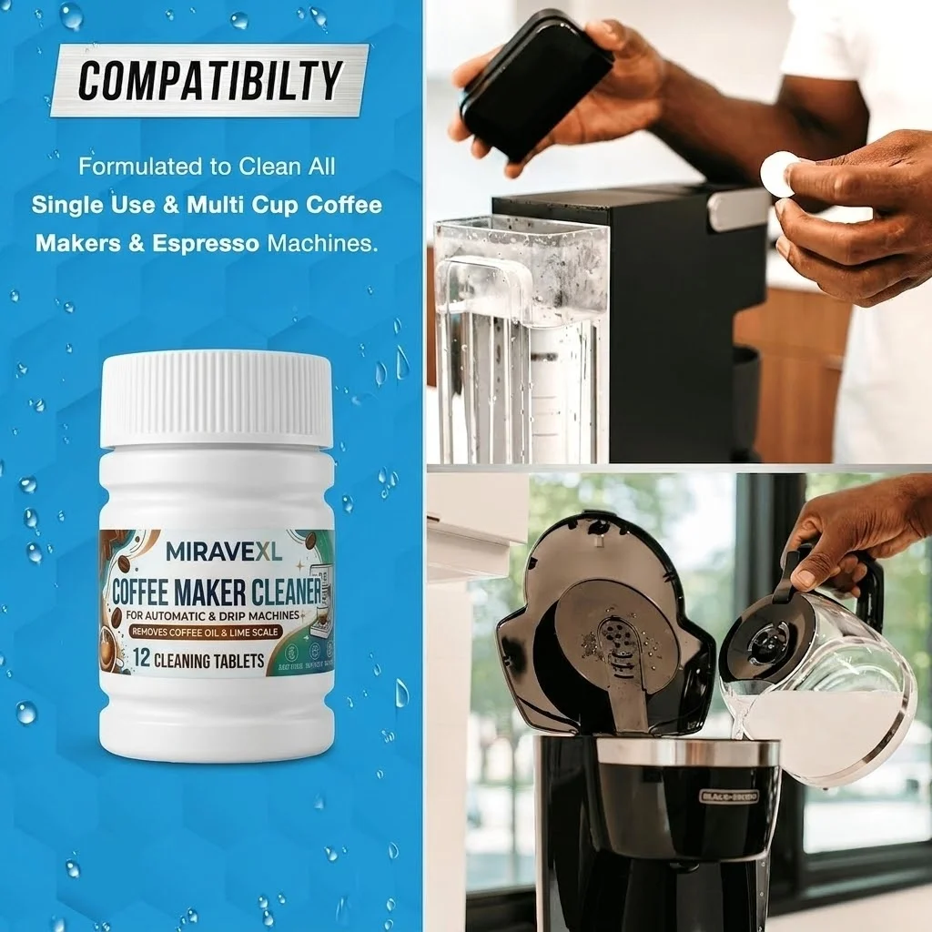 MIRAVEXL Coffee Maker Cleaning Tablets Compatible with Breville & Drip Machines -Removes Oil & Lime Scale Descaler (12/24 Count)