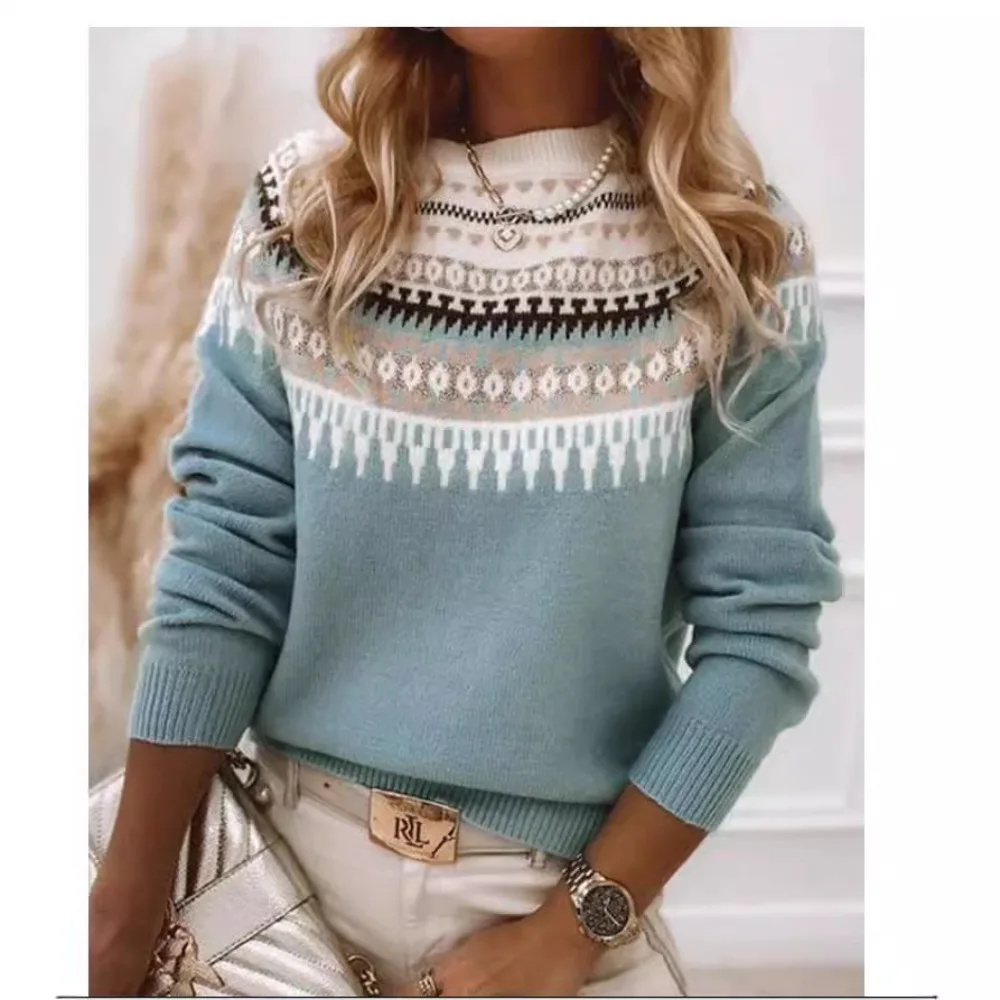 

Women's Fashion Crochet Sweater Round Neck Long Sleeved Patchwork Warm Pullover Sweater Knitted