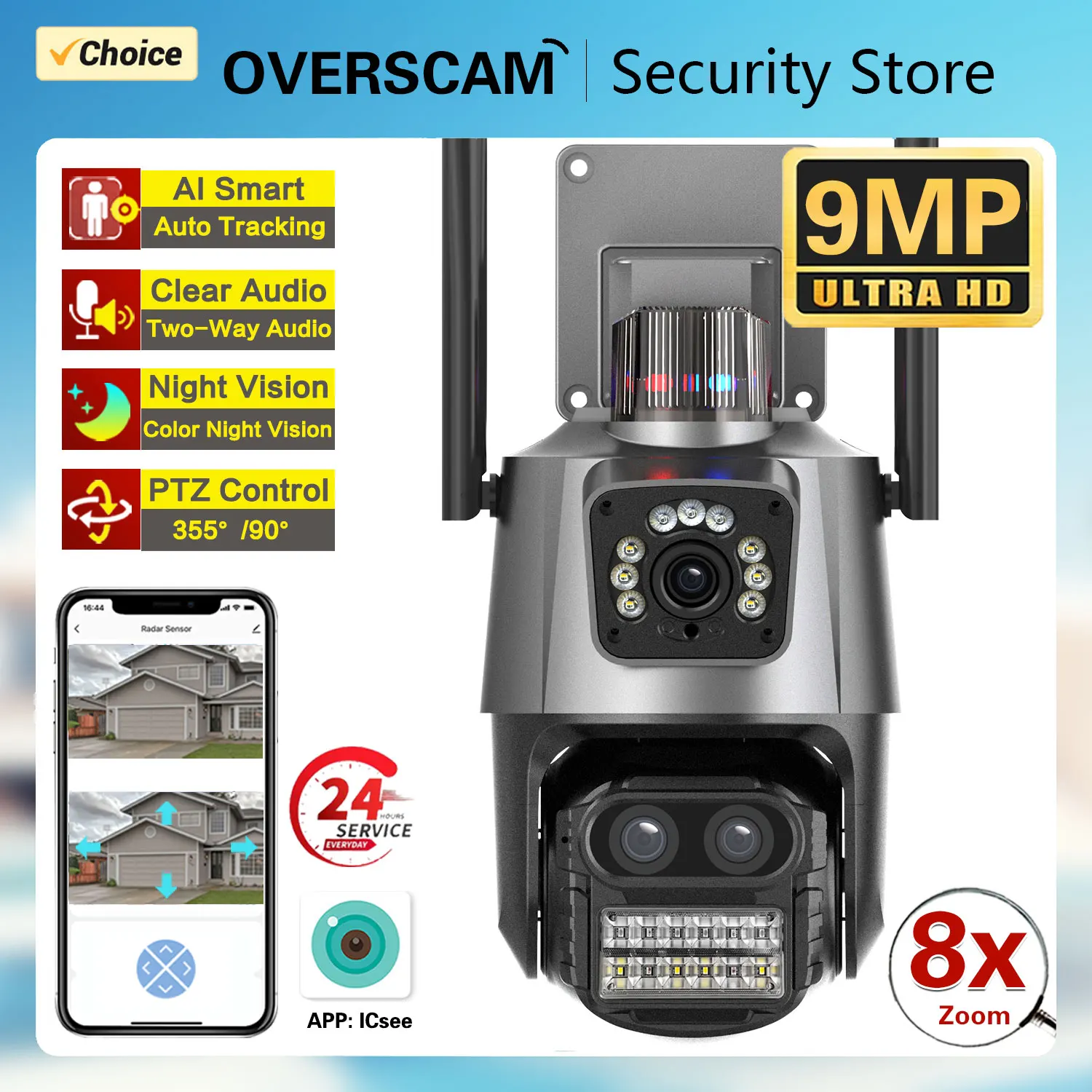 

5K Wireless Outdoor Security 9MP 3 Lens 8X Hybrid Zoom Light Alarm Three Lens Video Surveillance WiFi IP PTZ CCTV Network Camera