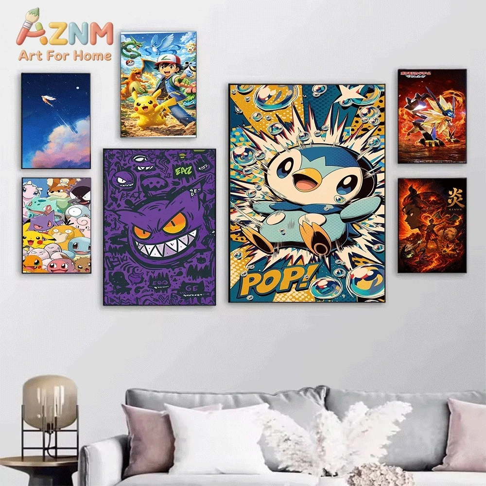 Anime Pokemon Mega Charizard Fire Pop‑art Canvas Wall Art, Cool Cartoon Dragon Creature Frameless Canvas Painting for Kids Bed