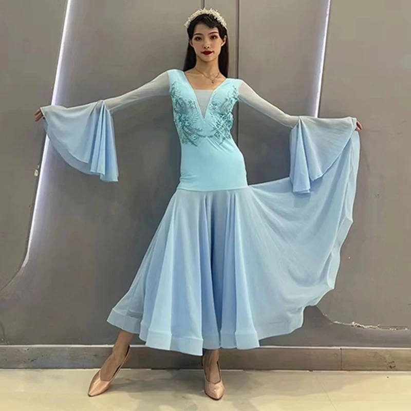 

Blue Ballroom Dance Dress Adult Competition Costume Flare Sleeve Tango Dancing Performance Dresses Waltz Dance Clothing DL11423