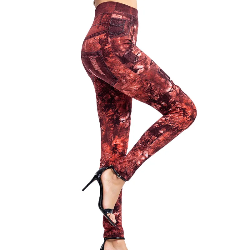 CUHAKCI-Leggings ajustados para mujer, pantalones vaqueros de imitación, elásticos de cintura alta, deportivos, para Fitness, entrenamiento, correr, Push Up, con estampado de hojas