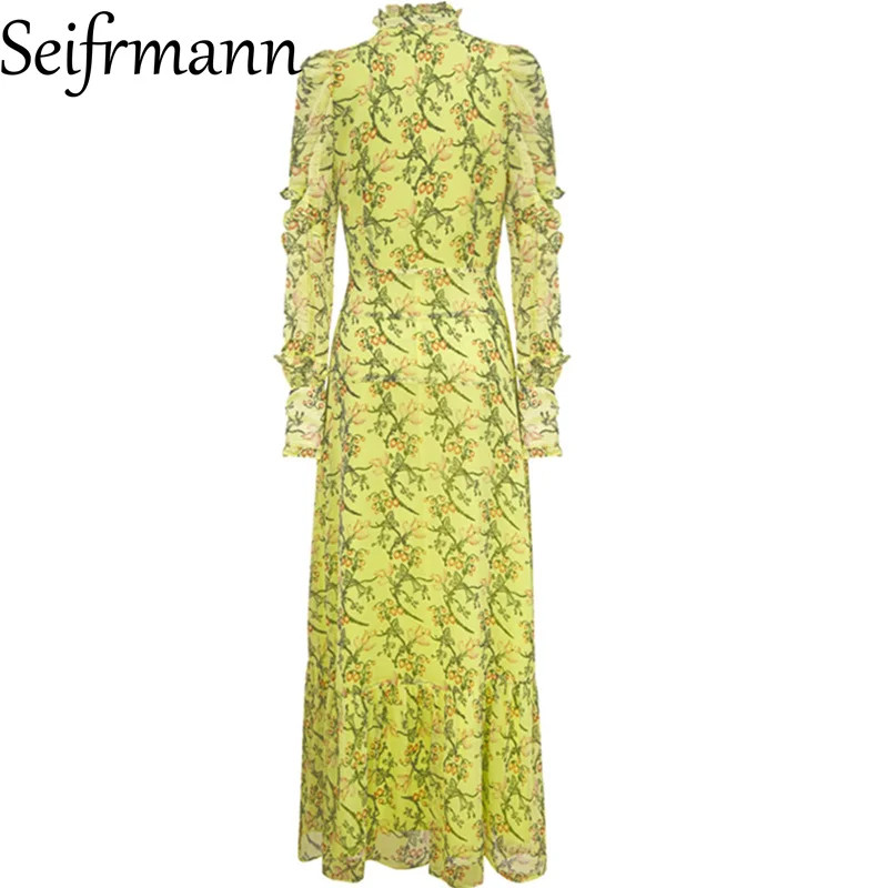 Seifrmann 女性エレガントな菌ロングドレススタンドカラー長袖ファッションプリントカジュアルホリデーボールガウンドレス