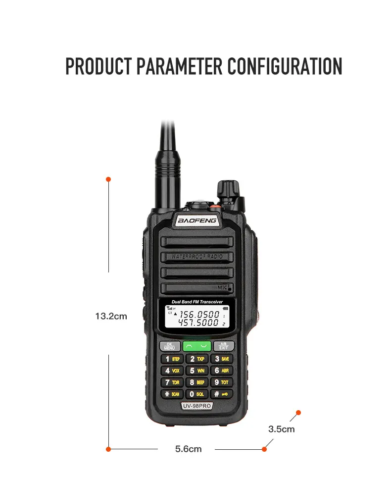 BaoFeng-walkie-talkie portátil, Radio bidireccional con antena de 22CM de largo, VHF, UHF, Cb, resistente al agua, 15W, UV-98RRO, novedad de 2024