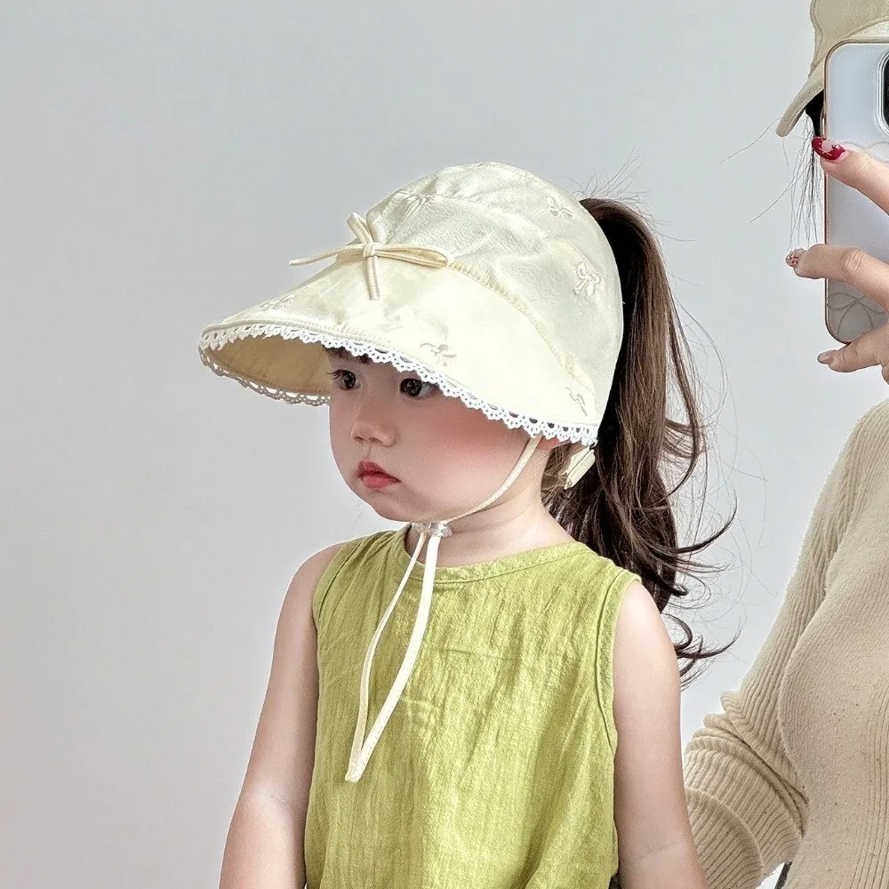 Korean Princess Lace Trim Empty Top Hat Bowknot Cotton Sun Protection Hat Foldable Thin Wide Brim Hat 3-8 Years Old Girls