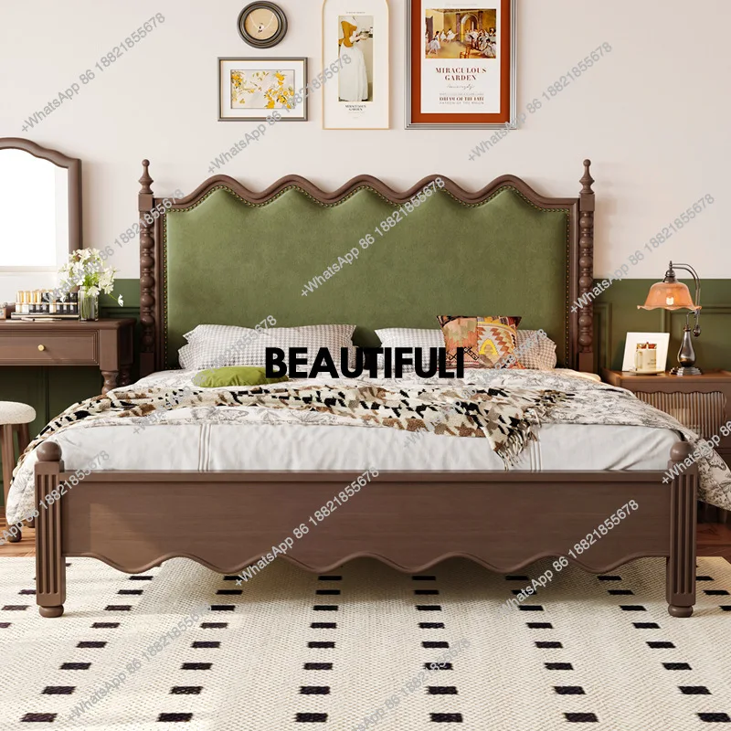 

French retro solid wood double bed master bedroom new queen bed soft bag antique American furniture