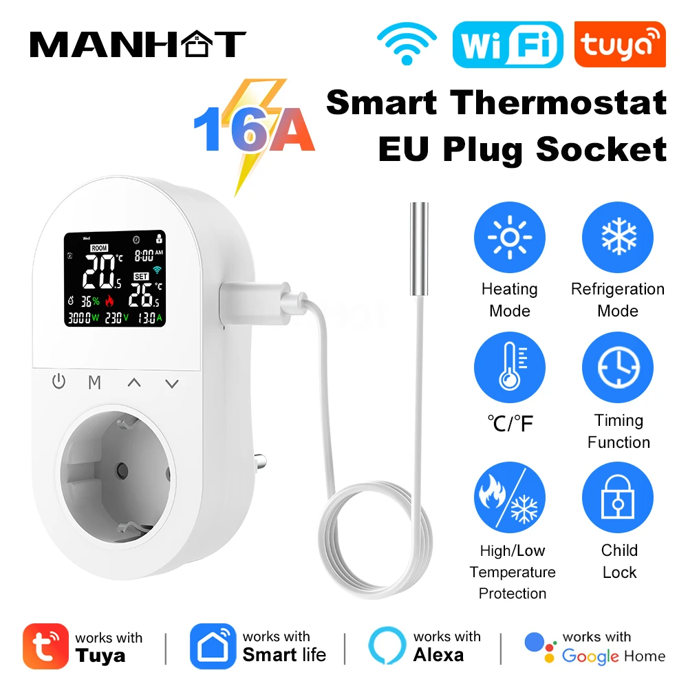 

MANHOT Tuya 16A Wi-Fi ЖК-термостат, беспроводной электрический подключаемый термостат, розетка, регулятор температуры, голосовое управление для Alexa