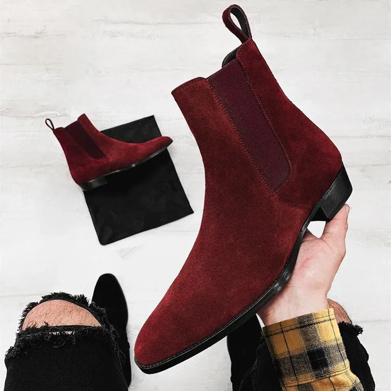 Chelsea Boots Men Handmade Business Black Red Slip on Flock Pu Cowboy Boots Sapato Masculino Men Boots