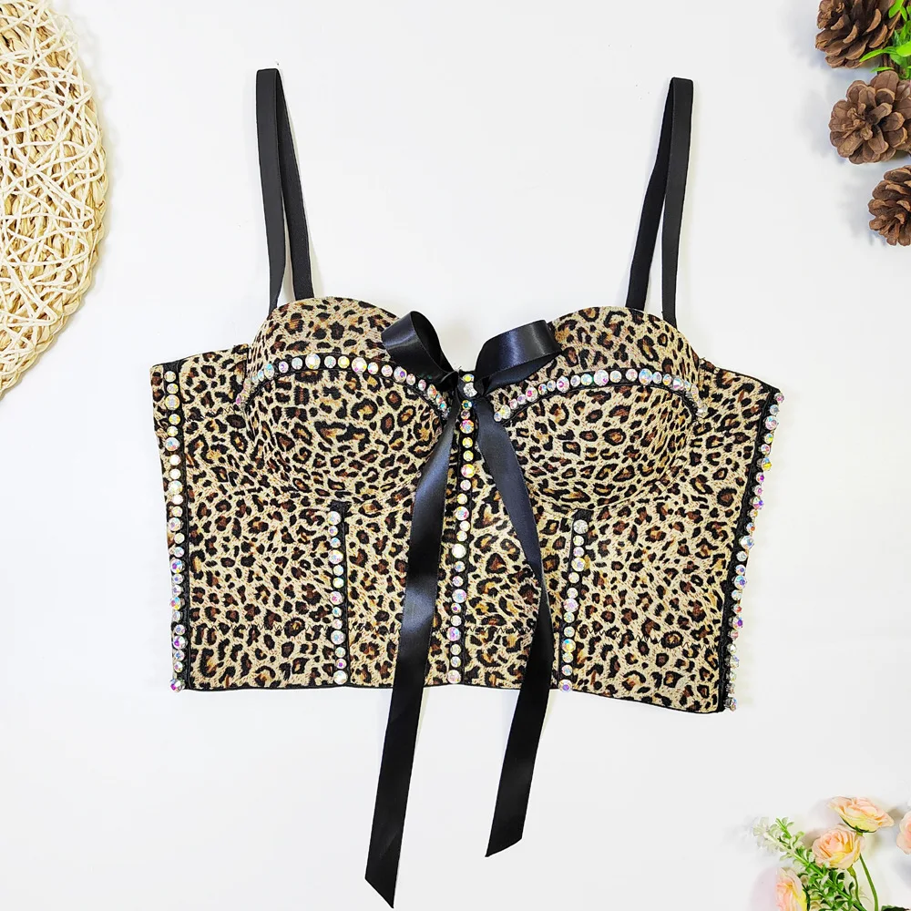 customized women's adult leopard print strapless breathable mesh slim fit fishbone camisole vest thin bow corset on top lingerie