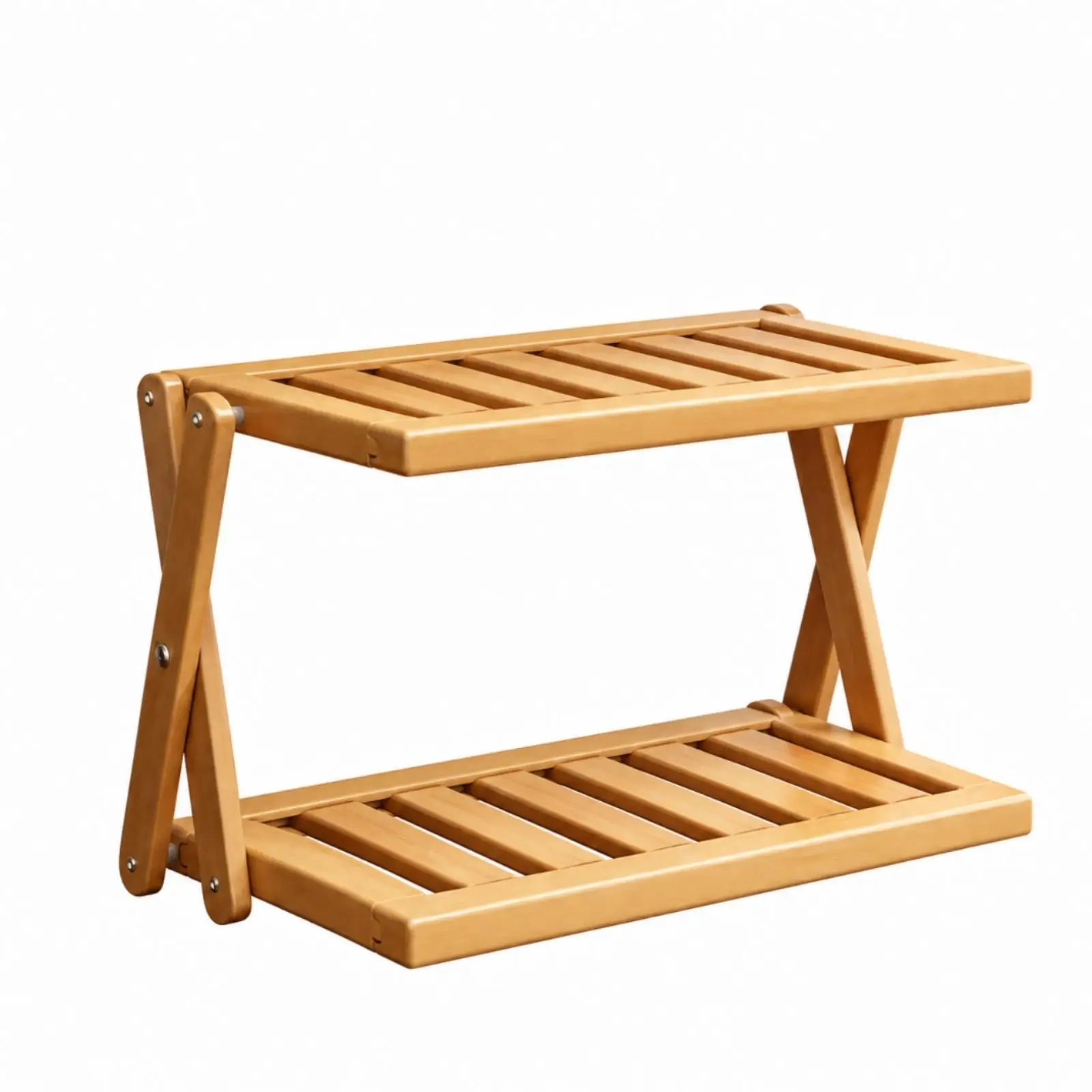 Tabletop Storage Rack with Hinged Side Frames Versatile 2-Tier Slatted Tabletop Organizer 2-Tier Bamboo Desktop Organizer Shelf