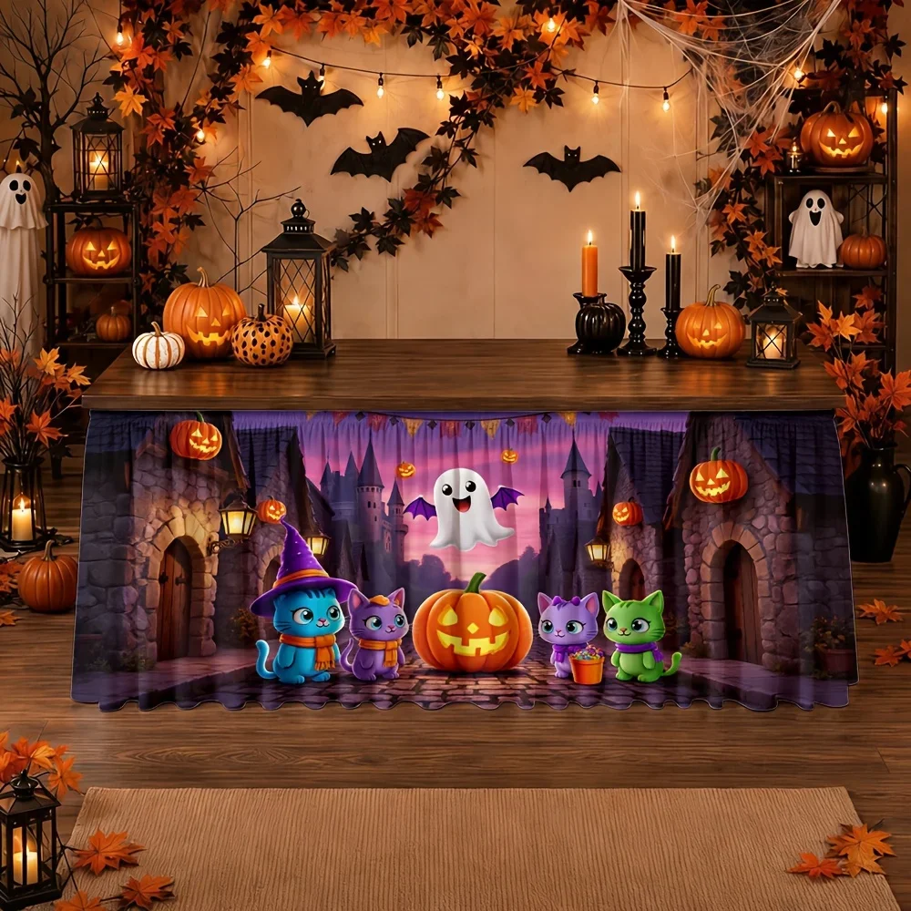 Halloween-themed cartoon cat and ghostly table dress, accompanied by lanterns, pebbles and a haunted housexzj