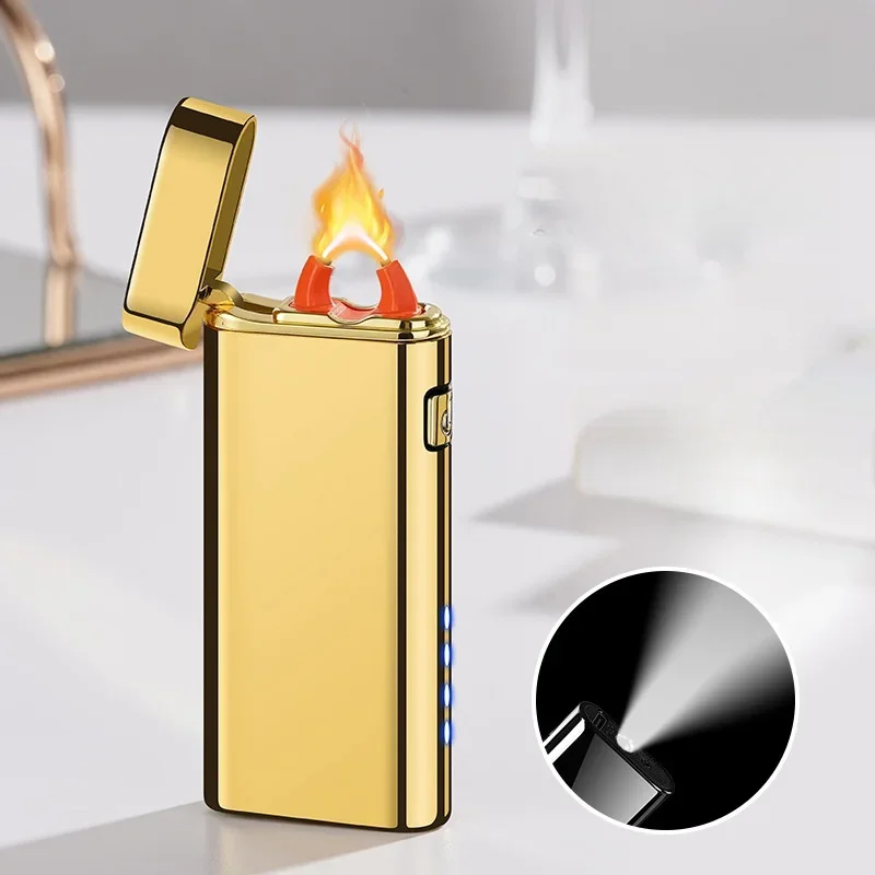 Metal Large Arc Fire Lighter USB Rechargeable Plasma Flameless Lighter Power Display LED Flashing Light Type-C Electric Lighter