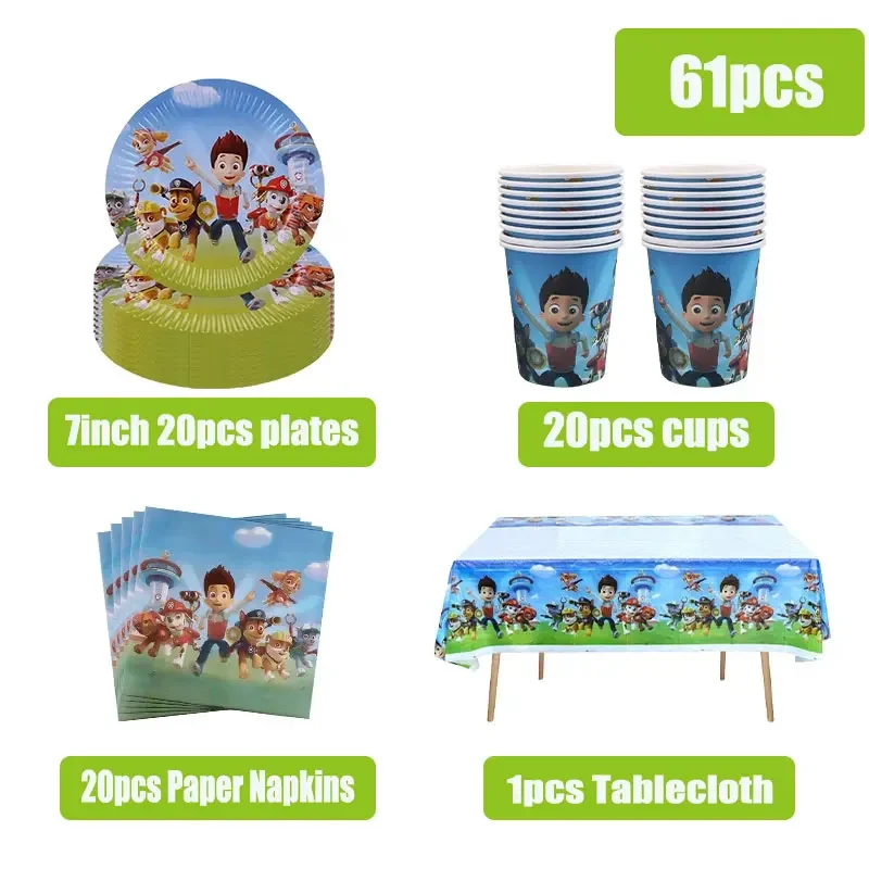 Paw Patrol Verjaardagsfeestje Decoratie Servies Set Stickers Banner   Tafelkleed Achtergrond Blauwe Ballonnen Sleutelhanger Kinderfeestartikelen