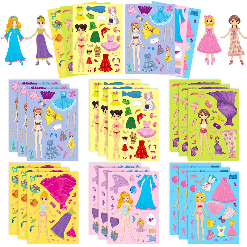 6-24Sheets Princess Dress-Up DIY Stickers for Kids Create-A-Face Sticker Pad Make Your Own Girls Puzzle Jigsaw Party Supplies