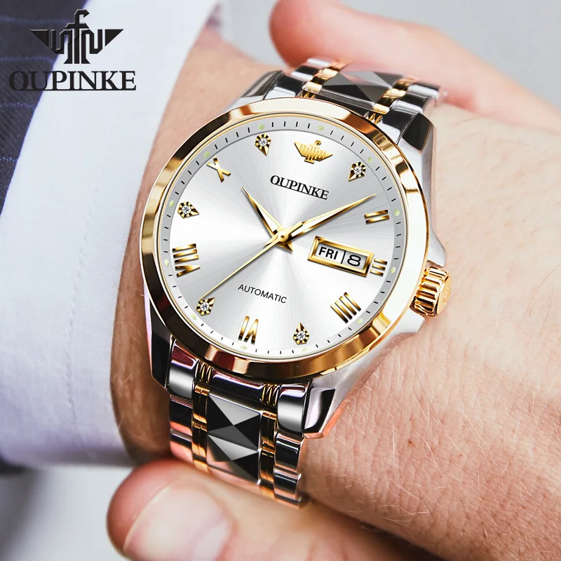 OUPINKE Men Mechanical Watch Luxury Original All Automatic Watch Roman Scale Dual Calendar Sapphire Mirror Simple Men Watch 3171