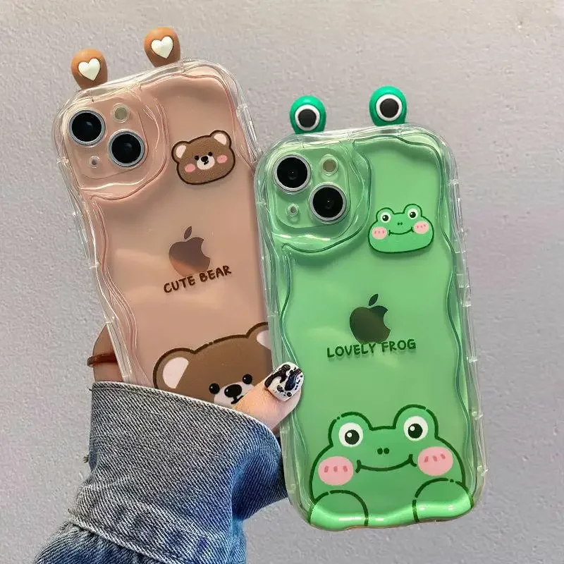 3D Cat Ears Frog Eyes Cute Shy Animal Pattern Case for OPPO Reno 11 5G 11 12 Pro 11F 12F A79 5G A60 Reno 7 4G Clear Wavy Cover