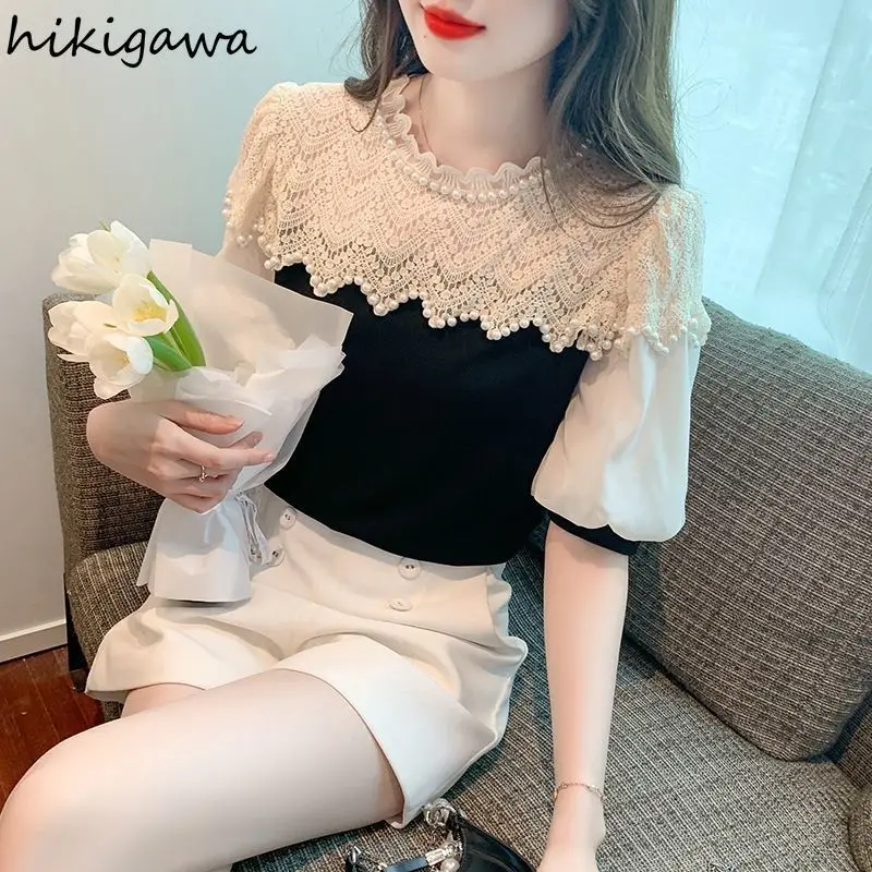 Contrast Color Blusas De Mujer Short Sleeve O-neck Blouses for Women Patchwork Lace Beading Tops Puff Sleeve Sweet Summer Shirts