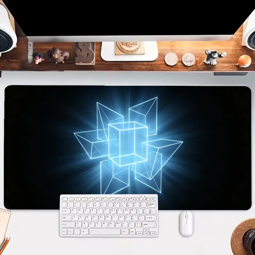 Black background purple neon transparent wireframe cube playmat dimensional sci-fi glowing grid desk mat