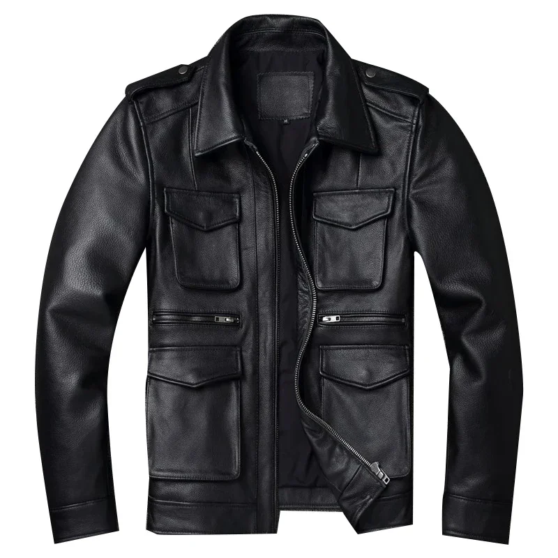 

2025 Men's Classic Pure Cowhide Multi-pocket Winter Motorcycle Style Plus Size Leather Jacket
