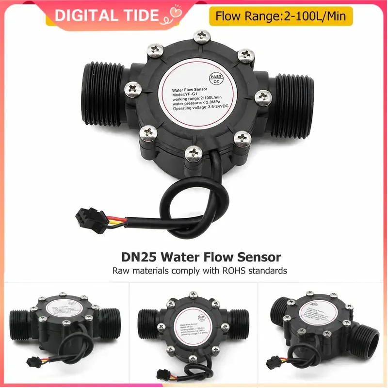 DN25 Water Flow Sensor 1 Inch DC3.5-24V Hall Flowmeter 2-100L Min Heat Pump Water Heater Switch Counter for Pool