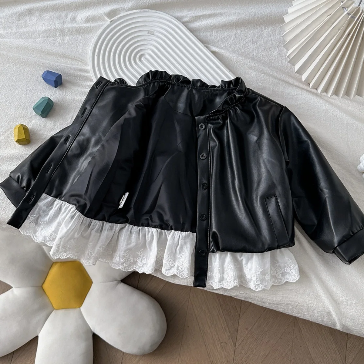 123  Spring Autumn New Girls Leather Jacket Lace Patchwork Single-Breasted Stylish Coat For Girls Pu Leather Outwear 2-8 10 Y